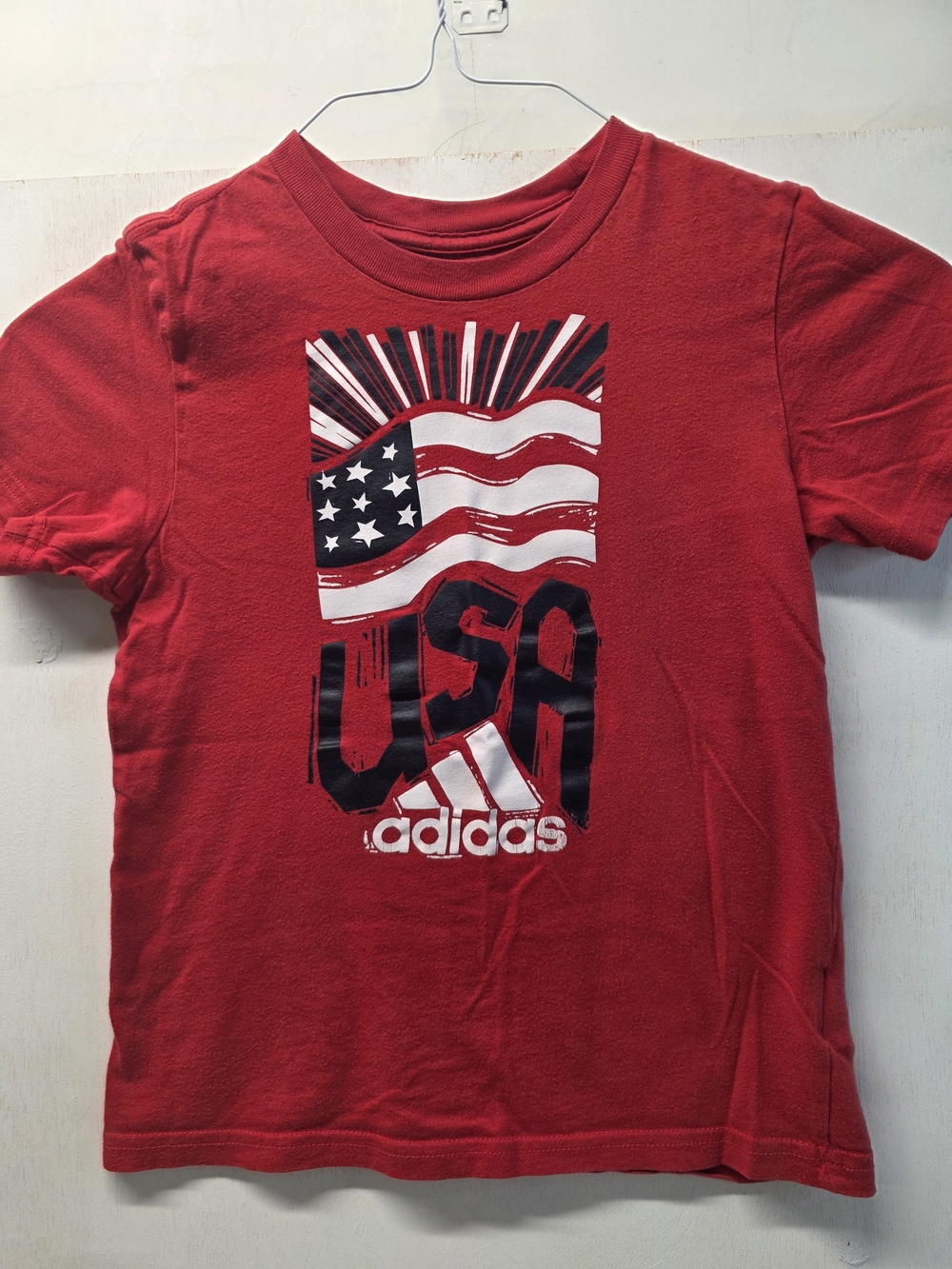 Adidas Boys Size 7 Red USA American Flag Graphic T-Shirt Short Sleeve Patriotic